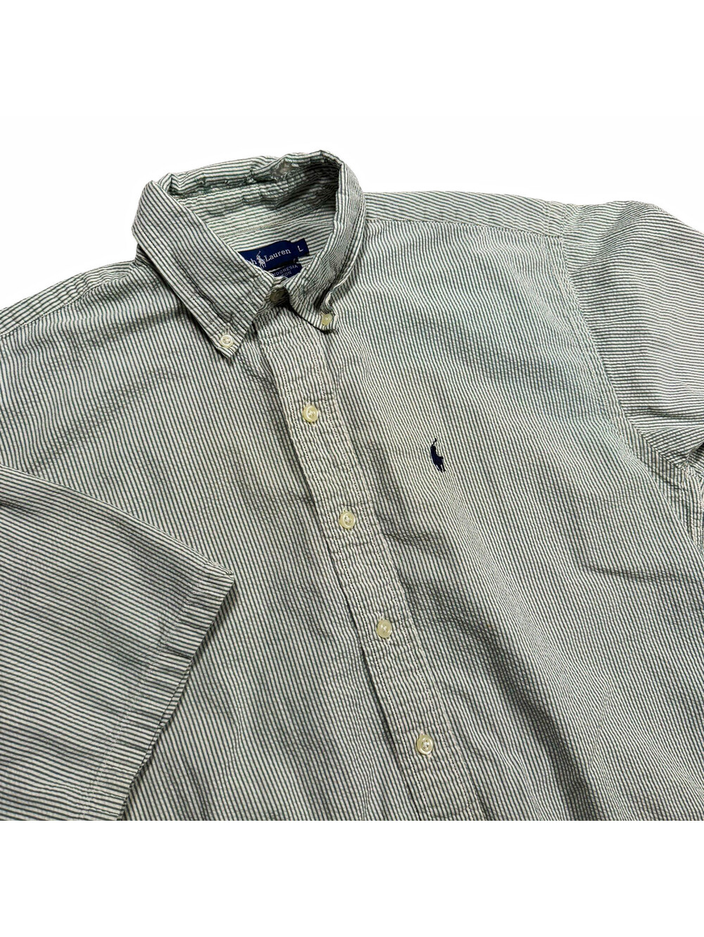 Ralph Lauren Men’s L Green/White Seersucker Striped Cotton S/S Button-Down Shirt